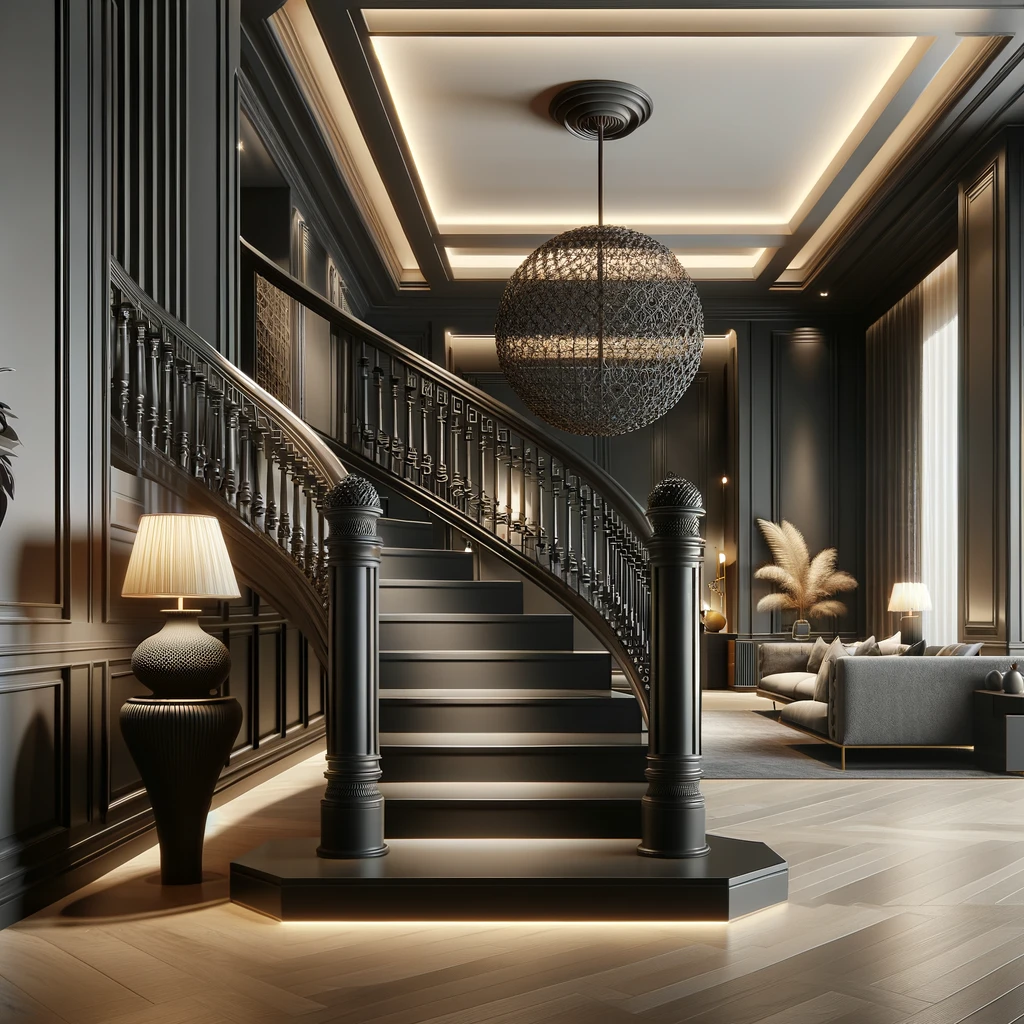 DALL·E 2024-02-03 12.38.42 - Generate an image highlighting a luxurious, modern interior with a focus on a superbly crafted, dark painted banister. The scene should feature the ba