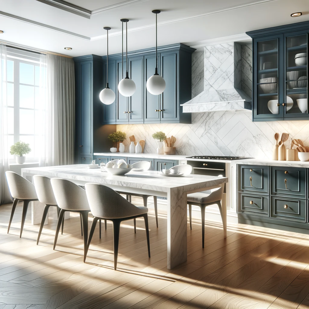 DALL·E 2024-02-03 12.40.28 - Generate an image of a bright and stylish kitchen featuring white marble countertops and dark blue cabinets. The scene should include table chairs tha